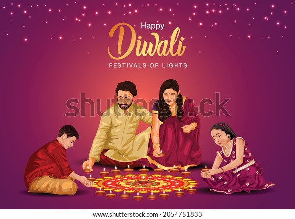 Indian family\
celebrate Diwali festival background with decorated Rangoli and\
Diya. vector illustration\
design.