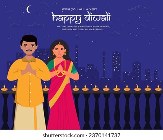 Indian family celebrate and wishing Happy Diwali festival of India greeting card