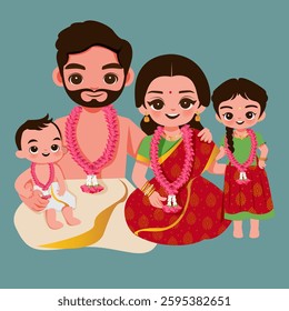 Indian Family Celebrating Ayush Homa Puja | Vector Illustration