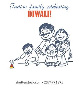 Familia india celebrando el festival diwali iluminando los fuegos artificiales y la Diya. ilustración de vector simple