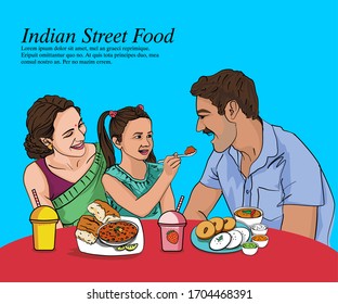 Indian family Eating food . Restaurant Vector illustration. 