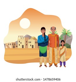 indian family ethnic of india wearing traditional hindu clothes in town at desert vector illustration graphic design
