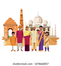 indian family ethnic of india wearing traditional hindu clothes in taj mahal and buildings vector illustration graphic design