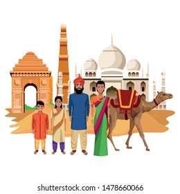 indian family ethnic of india wearing traditional hindu clothes in taj mahal and buildings vector illustration graphic design