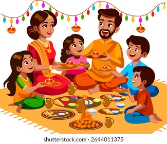 Indian family at festive table mother father sons daughters eating traditional Indian dishes family members dressed in traditional Indian clothes Vector