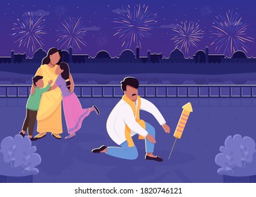 Indian Family With Fireworks Flat Color Vector Illustration. Traditional Divali Celebration. Mother And Father With Kids 2D Cartoon Characters With Nighttime Cityscape On Background