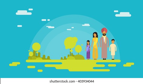 Indian Family Four People Parents Two Children Nature Background Flat Vector Illustration