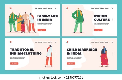 Indian Family Landing Page Template. Male and Female Characters Wear Traditional Clothes. Smiling Parents, Grandparents and Kids Wear Sari or Kurt Together. Cartoon People Vector Illustration