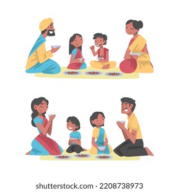 Indian Family with Little Kids Sitting on the Floor Having Meal Together Vector Set