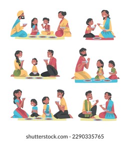 Indian Family with Little Kids Sitting on the Floor Having Meal Together Vector Set