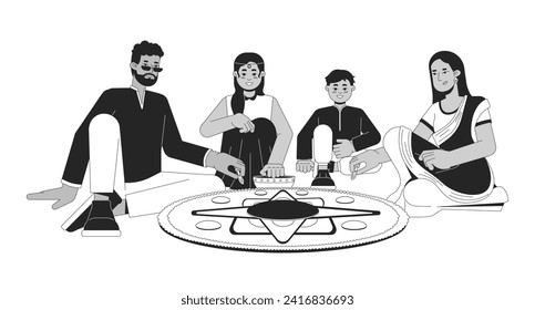 Indian family making diwali rangoli black and white cartoon flat illustration. Happy south asians at home 2D lineart characters isolated. Deepawali celebration monochrome scene vector outline image