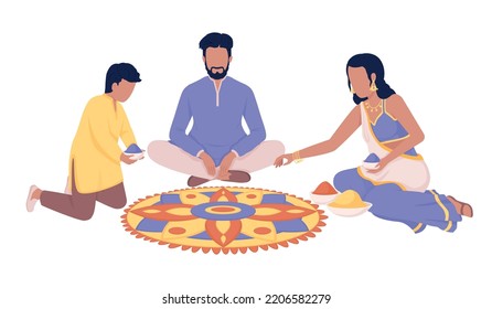 Indian family making rangoli design semi flat color vector characters. Editable figures. Full body people on white. Hindu festival simple cartoon style illustration for web graphic design, animation