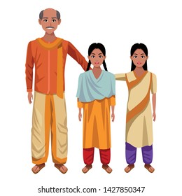 indian family man with moustache and bald next to young girl with braid and young girl with sari and bindi wearing traditional