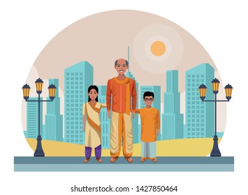 indian family man with moustache and bald next to young boy with glasses and skirt and young girl with sari and bindi wearing