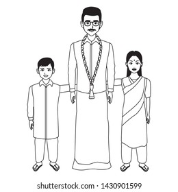 indian family man with moustache, glasses and a big necklace next to young boy and young girl with sari and bindi wearing traditional hindu clothes profile picture avatar cartoon character portrait in