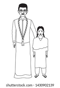 indian family man with moustache, glasses and a big necklace next to young girl with braid wearing traditional hindu clothes profile picture avatar cartoon character portrait in black and white vector