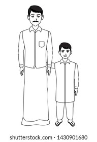 indian family man with moustache with young boy in black and white profile picture avatar cartoon character portrait vector illustration graphic design