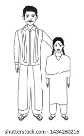 indian family man with moustache young girl with sari in black and white profile picture avatar cartoon character portrait vector illustration graphic design