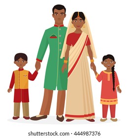 Indian family. Indian man and woman with boy and girl kids in traditional national clothes.