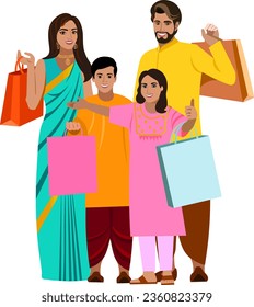 Indian family mom dad boy and girl doing holiday shopping holding shopping bags Girl pointing with hand to advertising place Vector