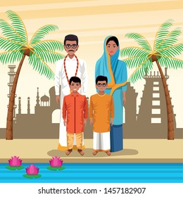 Indian family parents with two sons side by river in the city scenery ,vector illustration.