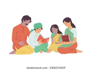 Indian family reads sacred books or prays together. Parents teach their children traditions and religion, flat vector illustration isolated on white background.