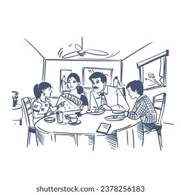 Indian family at restaurant, Indian Family eating Indian food simple line art illustration