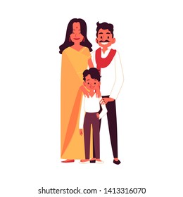 Indian family with son in traditional clothes standing together cartoon style, vector illustration isolated on white background. Happy mother and father with little boy child