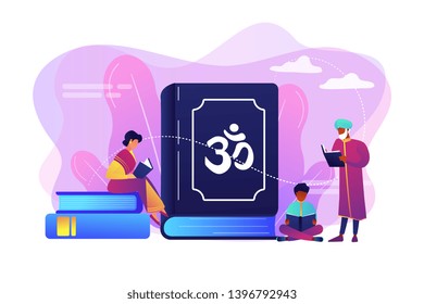 Indian family in traditional clothes reading Hindu texts, tiny people. The Vedas, Books of Knowledge, Hindu sacred text and Hinduism beliefs concept. Bright vibrant violet vector isolated illustration