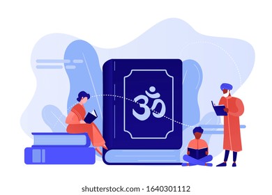 Indian family in traditional clothes reading Hindu texts, tiny people. The Vedas, Books of Knowledge, Hindu sacred text and Hinduism beliefs concept. Pinkish coral bluevector isolated illustration