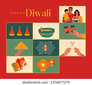 Familia india en Vestido Tradicional, celebración del Gran Festival Diwali con vectores de elementos culturales Ilustración para diseño de caja de regalo, afiche y plantilla de tarjeta de saludo