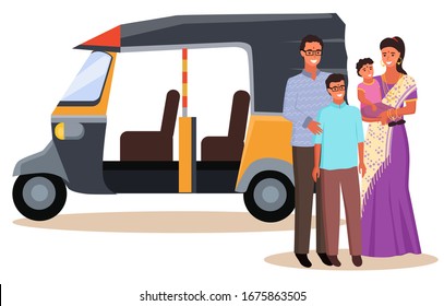 Indian family in traditional national clothes. Woman in saree holding little baby. Motor rickshaw, tuk-tuk vehicle or india taxi vector illustration