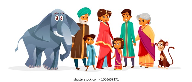 Indian family vector illustration of Hindu people in national clothes. Indian mother woman in saree, father man with boy and girl children or grandparents with elephant cartoon character