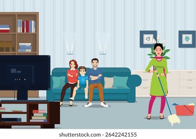 Indian Family watching TV and Indian female worker cleaning house