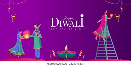 Indian Family Wearing Traditional Clothes Celebrating Diwali Festival. Indian festival of lights Design. Suitable for Greeting Card, Banner, Flyer, Template. 