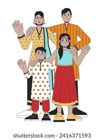 Indian family wearing traditional clothing line cartoon flat illustration. Deepavali parents kids 2D lineart characters isolated on white background. Diwali celebration scene vector color image