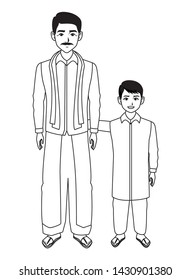 indian family wearing traditional hindu clothes man with moustache with young boy in black and white profile picture avatar cartoon character portrait vector illustration graphic design