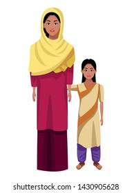 indian family woman with sari and hiyab young girl with sari profile picture avatar cartoon character portrait vector illustration graphic design