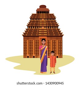 indian family woman with sari and jewelry with young boy and indian monument hawa mahal behind profile picture avatar cartoon character portrait vector illustration graphic design