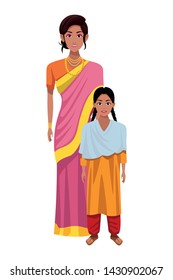 indian family woman with sari and jewelry young girl with sari profile picture avatar cartoon character portrait vector illustration graphic design