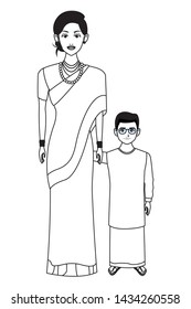 indian family woman with sari and jewelry with young boy and glasses in black and white profile picture avatar cartoon character portrait vector illustration graphic design