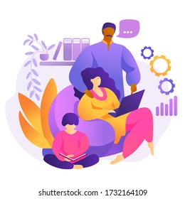 Indian Family Work Together At Home. Husband Helps Wife To Work Online And Child Reads Book. Freelance. Concept For Working, Studying, Education, Work From Home, Flat. Coronavirus, Self-isolation