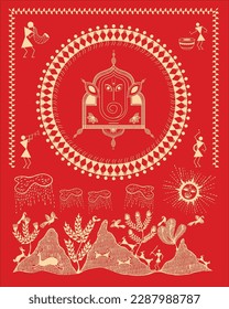 Indisches berühmtes Ganesha Festival traditionelle Warli Kunst. Warli Malerei, Wallpaper Illustration Vector Warli Kunst.