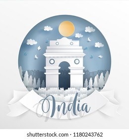 Indian famous landmarks with white frame and label. Travel postcard and poster, brochure, advertising Vector illustration.