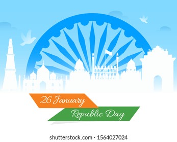 Indian Famous Monuments with Ashoka wheel illustration on white background for 26 January, Republic Day celebration.