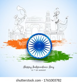 Indian Famous Monuments, Classical Dancer Woman, Elephant with Ashoka Wheel, Saffron and Green Brush Stroke Effect on Glossy Blue Background for 15th August Celebration.