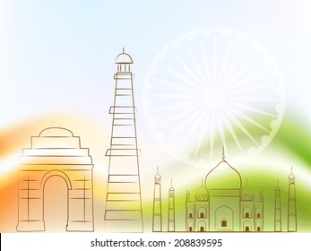 Monumentos famosos indios Puerta de la India, Qutub Minar y Taj Mahal sobre la rueda de asoka decorando el fondo de los colores de la bandera nacional.  