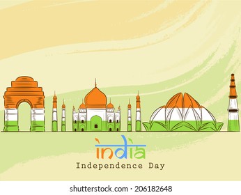Los famosos monumentos indios Red Fort, Taj Mahal, Lotus Temple y Qutub Minar con los colores de la bandera nacional para las celebraciones del Día de la Independencia. 