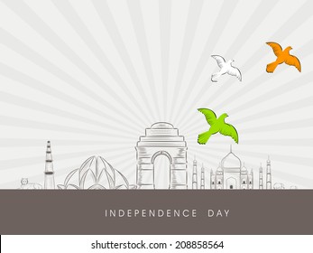 Indian famous monuments sketch Qutub Minar, Lotus Temple, India Gate and Taj Mahal with flying pigeons on grey rays background. 