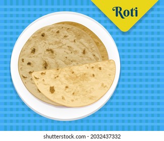 Indian famous Roti or Paratha. Roti in plate illustration top view. 